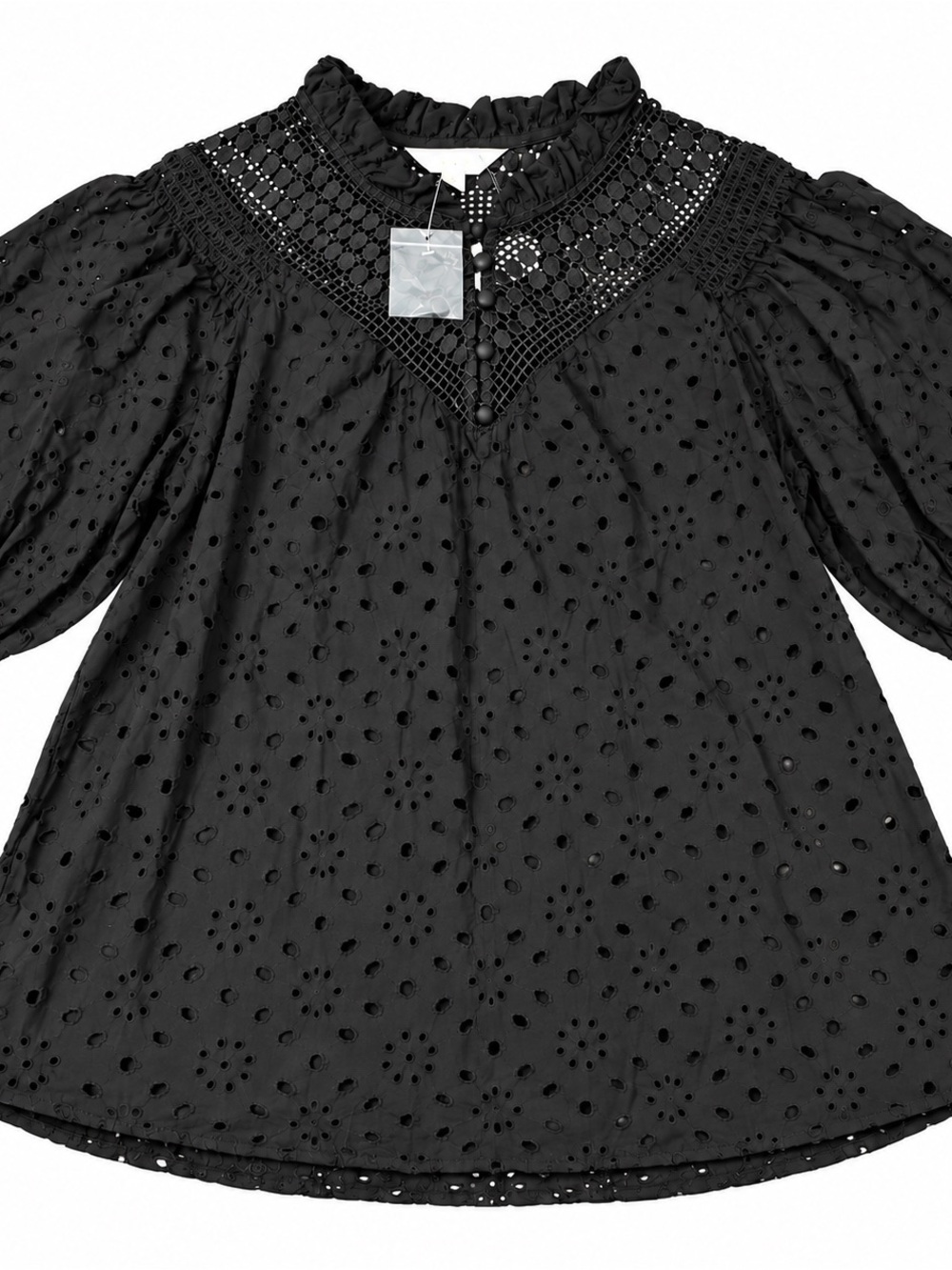 Adiva Black Eyelet Lace Puff Sleeve Boho Blouse NWT